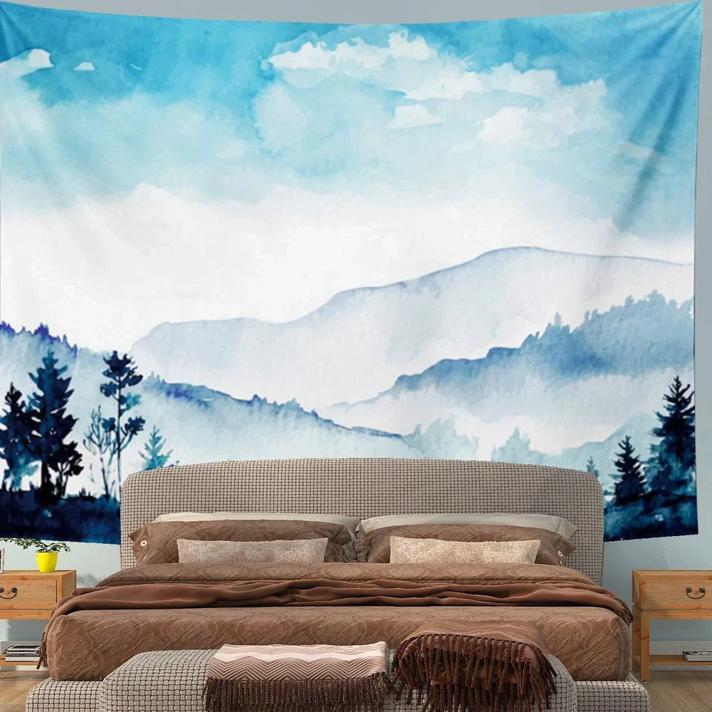 Blue printed tapestry measuring 150x230cm with 100% polyester fabric and print design