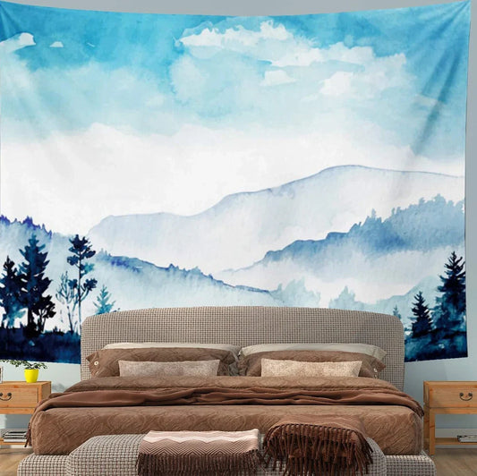 Blue printed tapestry measuring 150x230cm with 100% polyester fabric and print design