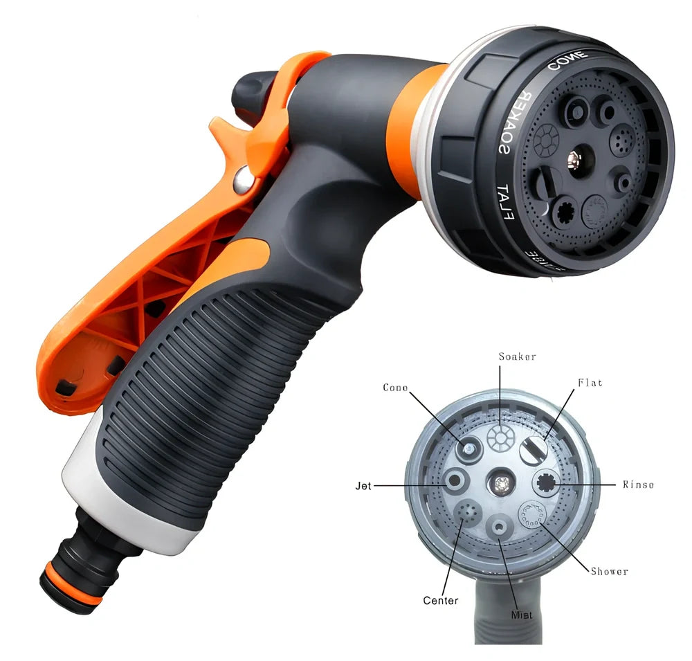 Orange gardening spray gun with ABS construction measuring 19x16.5x6cm for flower watering