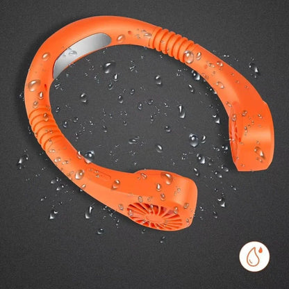 White USB charging small neck fan NC-01 with orange fan leaves, adjustable band for portable cooling