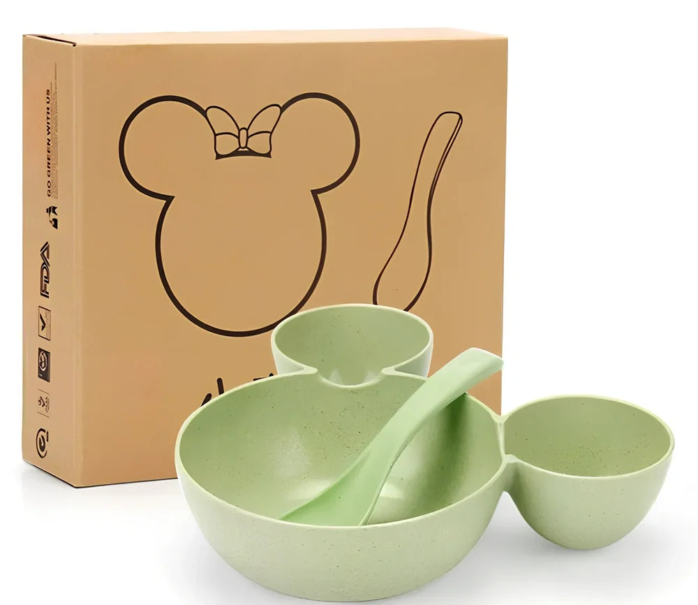 Mickey cartoon wheat straw children's bowl set with pink 21.5 cm bowl, spoon, fork, chopsticks - BPA-free biodegradable kids meal kit