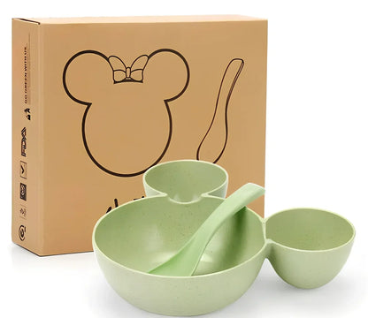 Mickey cartoon wheat straw children's bowl set with pink 21.5 cm bowl, spoon, fork, chopsticks - BPA-free biodegradable kids meal kit