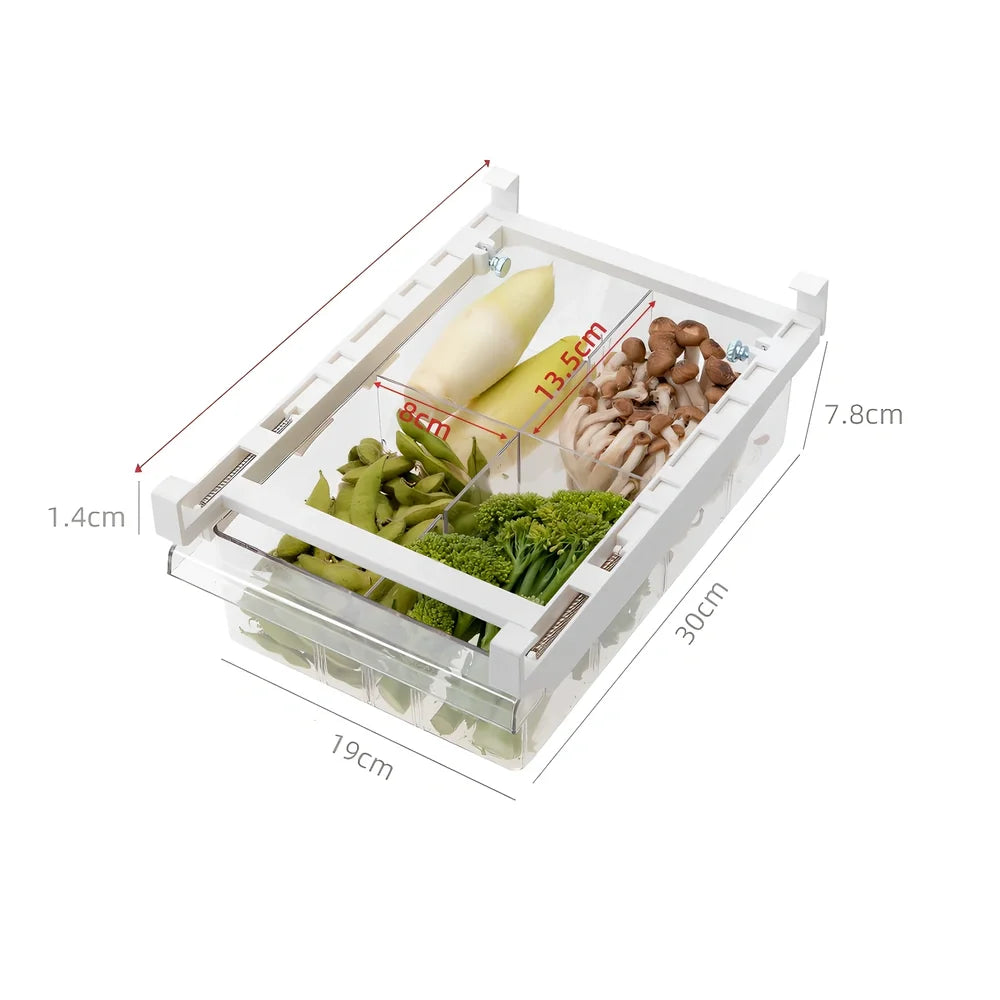 Transparent adjustable fridge egg storage rack with pull-out drawer holding 21 eggs, stackable for kitchen organisation