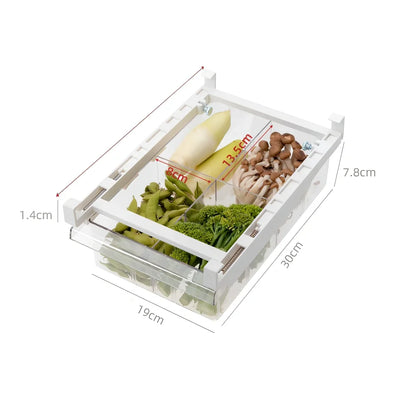 Transparent adjustable fridge egg storage rack with pull-out drawer holding 21 eggs, stackable for kitchen organisation