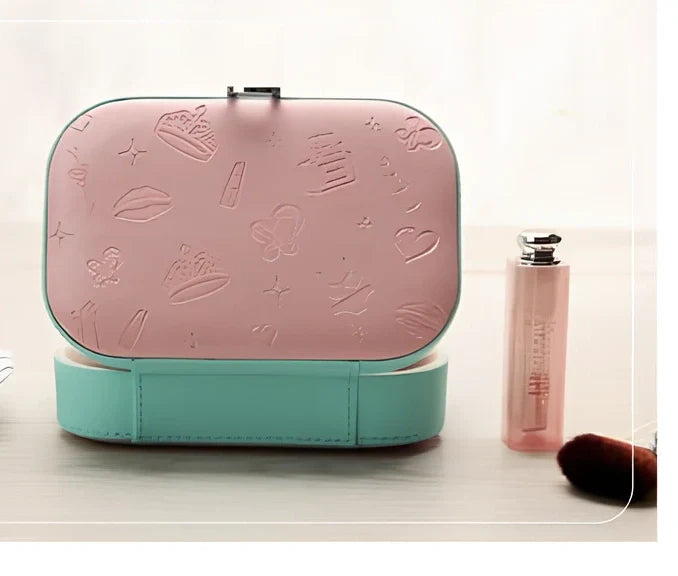 Three-layer travel jewellery box with PU leather exterior and secure closure for organised accessory storage