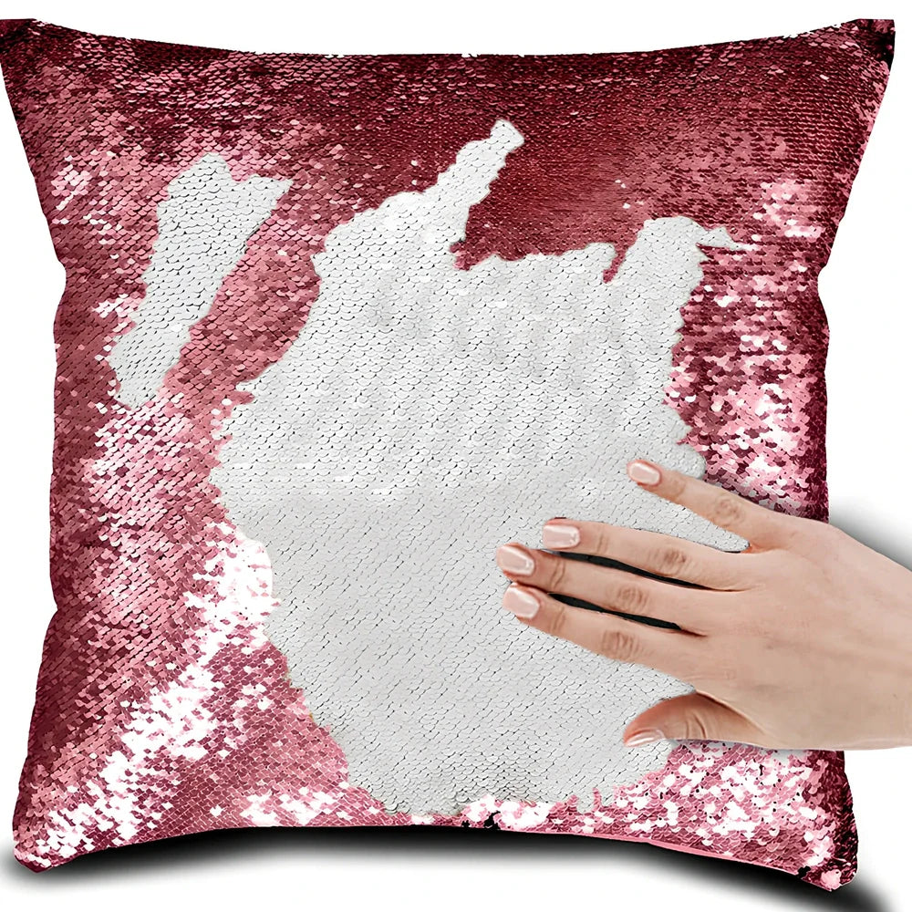 40x40cm square pillow cover showing colour-changing portrait pattern on knitted polyester fabric