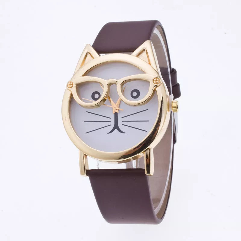 Cat face cartoon children's watch with quartz movement and multiple color options