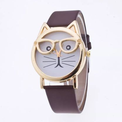 Cat face cartoon children's watch with quartz movement and multiple color options