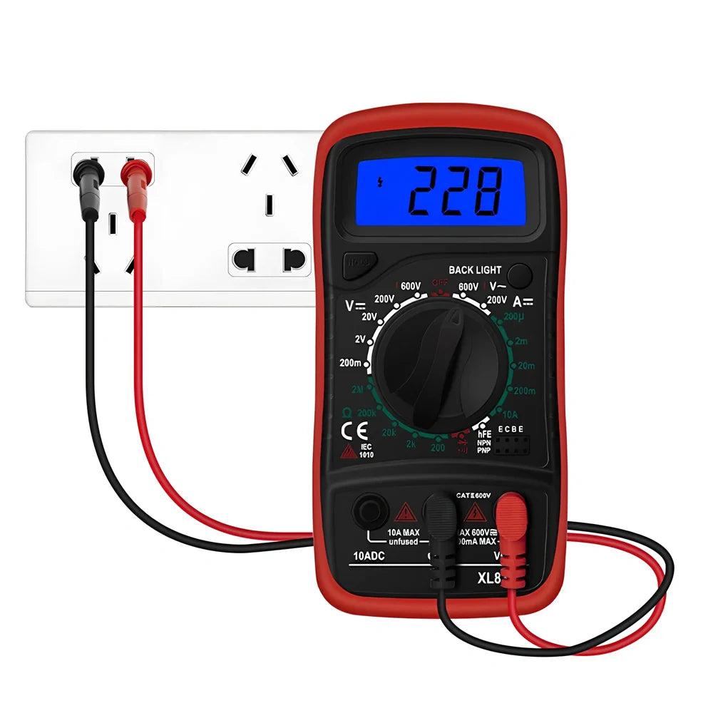 Digital multimeter with black and yellow housing showing 45x20mm LCD display for electrical measurements