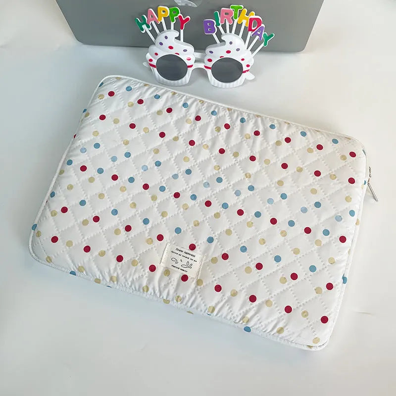 Women's solid colour polka dot polyester laptop bag shown in 11-inch, 13-14-inch, and 15-15.6-inch size options.