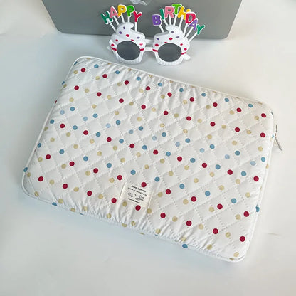 Women's solid colour polka dot polyester laptop bag shown in 11-inch, 13-14-inch, and 15-15.6-inch size options.