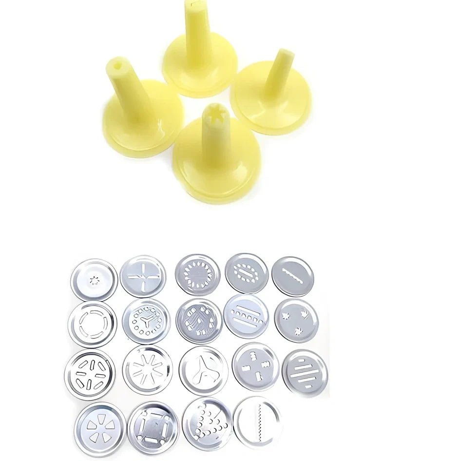 Stainless steel cookie press with 20 pattern discs for making uniform biscuits