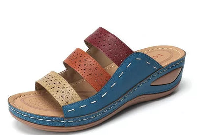 Large Size Women Hollow Out Rainbow Stitching Slippers in Blue, White, and Brown