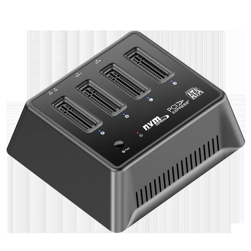 Aluminium M.2 SSD mounting base with heatsink fins, shown next to an M.2 drive and manual.