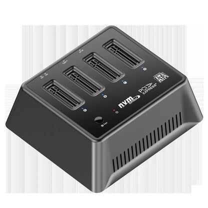 Aluminium M.2 SSD mounting base with heatsink fins, shown next to an M.2 drive and manual.