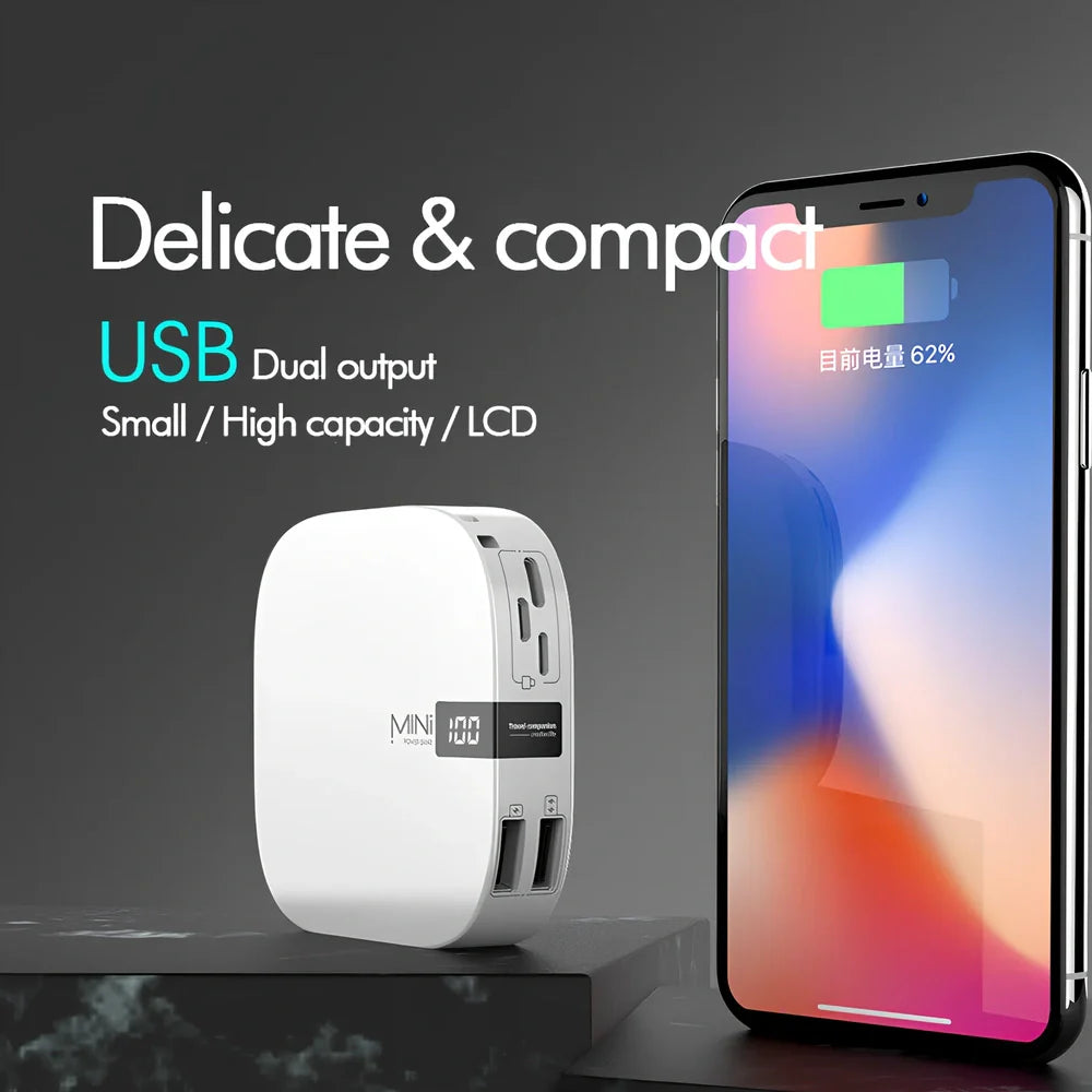 Red 10000 mAh mini power bank with digital display showing battery percentage, measuring 90x64x24mm