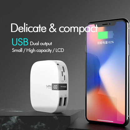 Red 10000 mAh mini power bank with digital display showing battery percentage, measuring 90x64x24mm