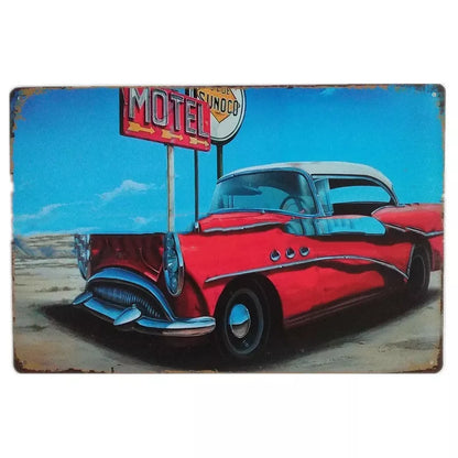 Retro tin painting metal craft with car and motorcycle design, 20x30cm