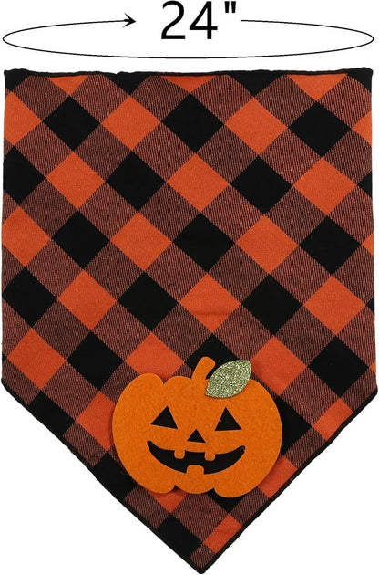 Orange plaid Halloween dog bandana with white skeleton and pumpkin felt appliques