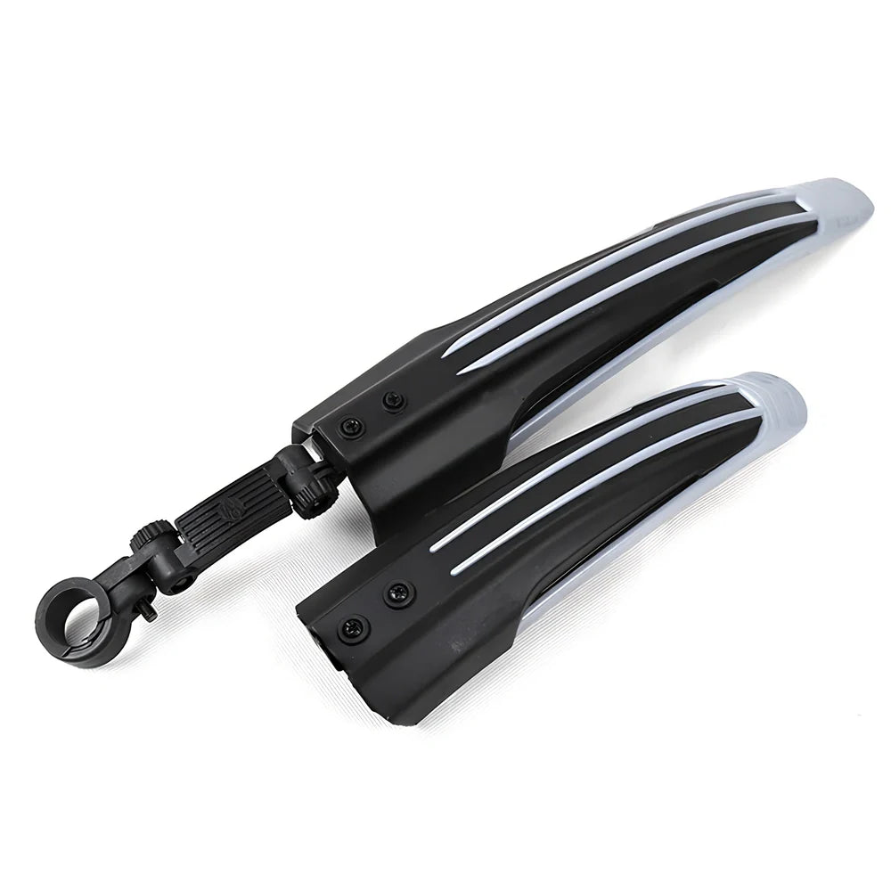 Mountain bike mudguard with 360-degree folding shown in black on 26-inch mountain bike wheel