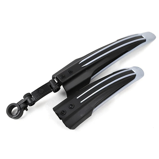 Mountain bike mudguard with 360-degree folding shown in black on 26-inch mountain bike wheel
