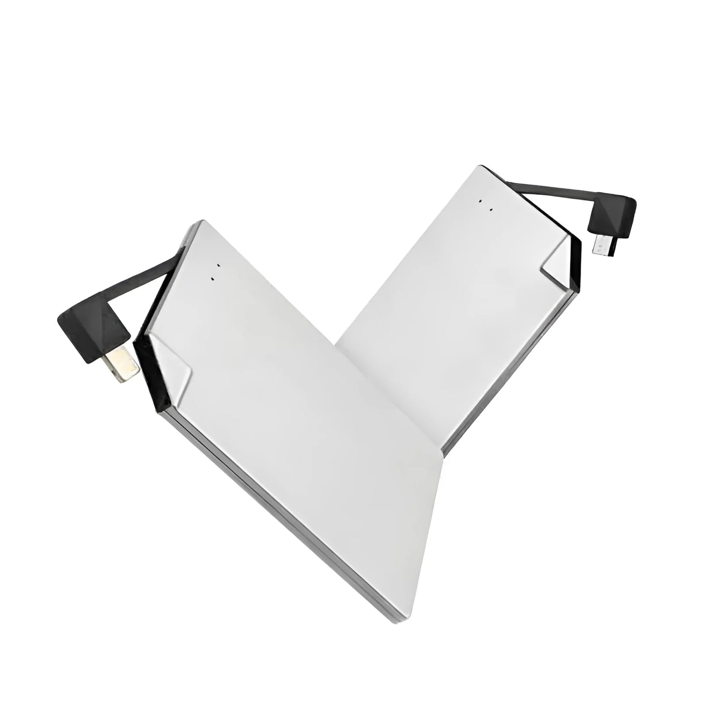 Silver graphene battery power bank showing slim 4mm profile with charging port
