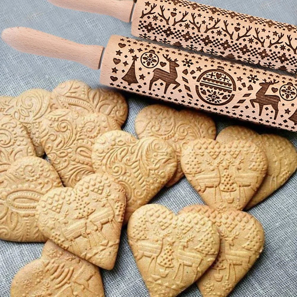 Beautifully engraved Christmas snowflake-patterned rolling pin for creating intricate designs on cookies, pastries, and soft candies
