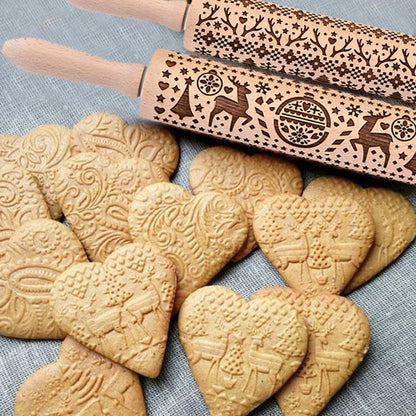 Beautifully engraved Christmas snowflake-patterned rolling pin for creating intricate designs on cookies, pastries, and soft candies