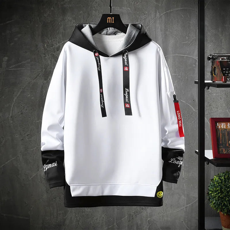 Hooded sweatshirt long sleeve round neck casual pullover in black, grey, lake blue, light red, or white