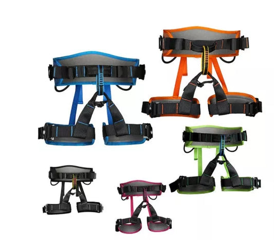 Adjustable outdoor climbing belt in black, red, green, blue, and orange for safety and comfort