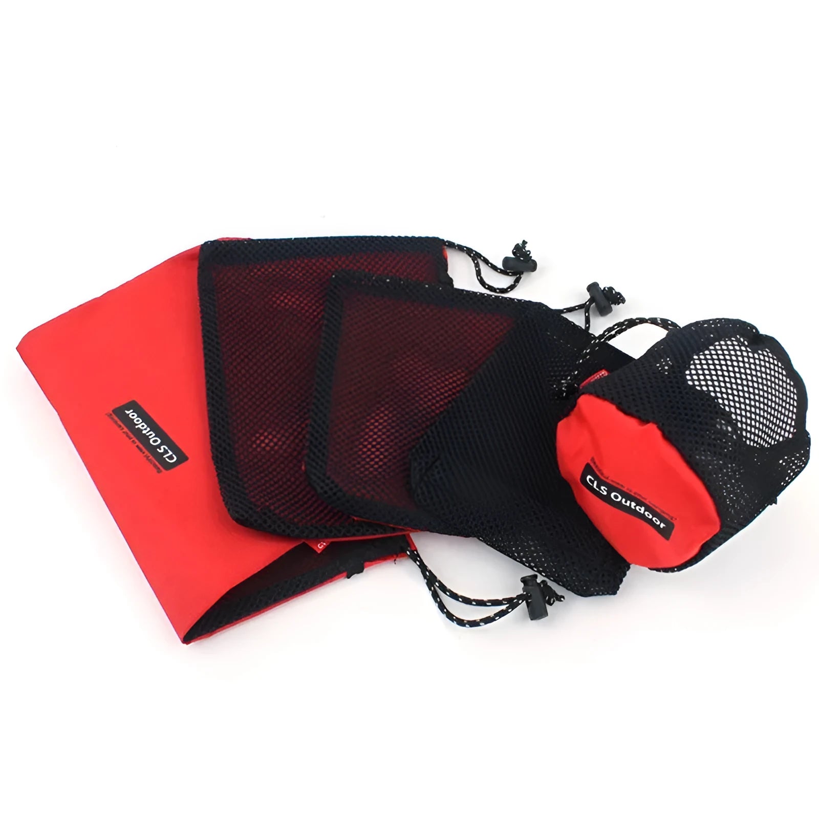 Red 5-piece outdoor travel storage bag set made from Oxford cloth with mesh panels and zipper closures.