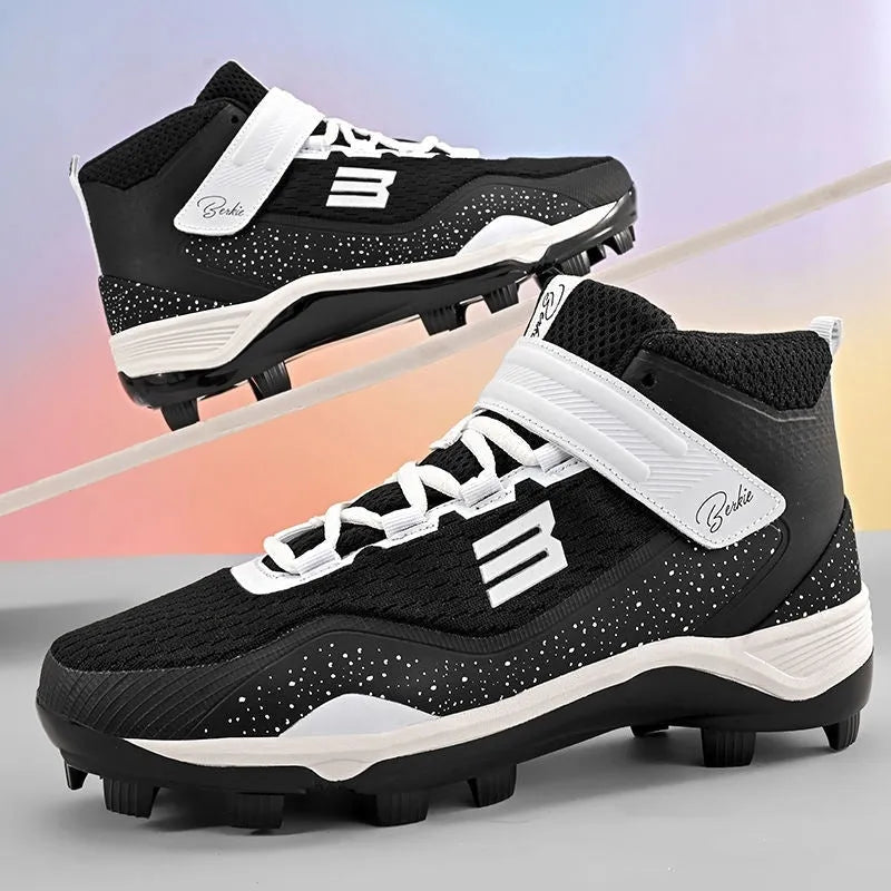 Black and white mid-top sneakers with Velcro closure and rubber soles for softball training