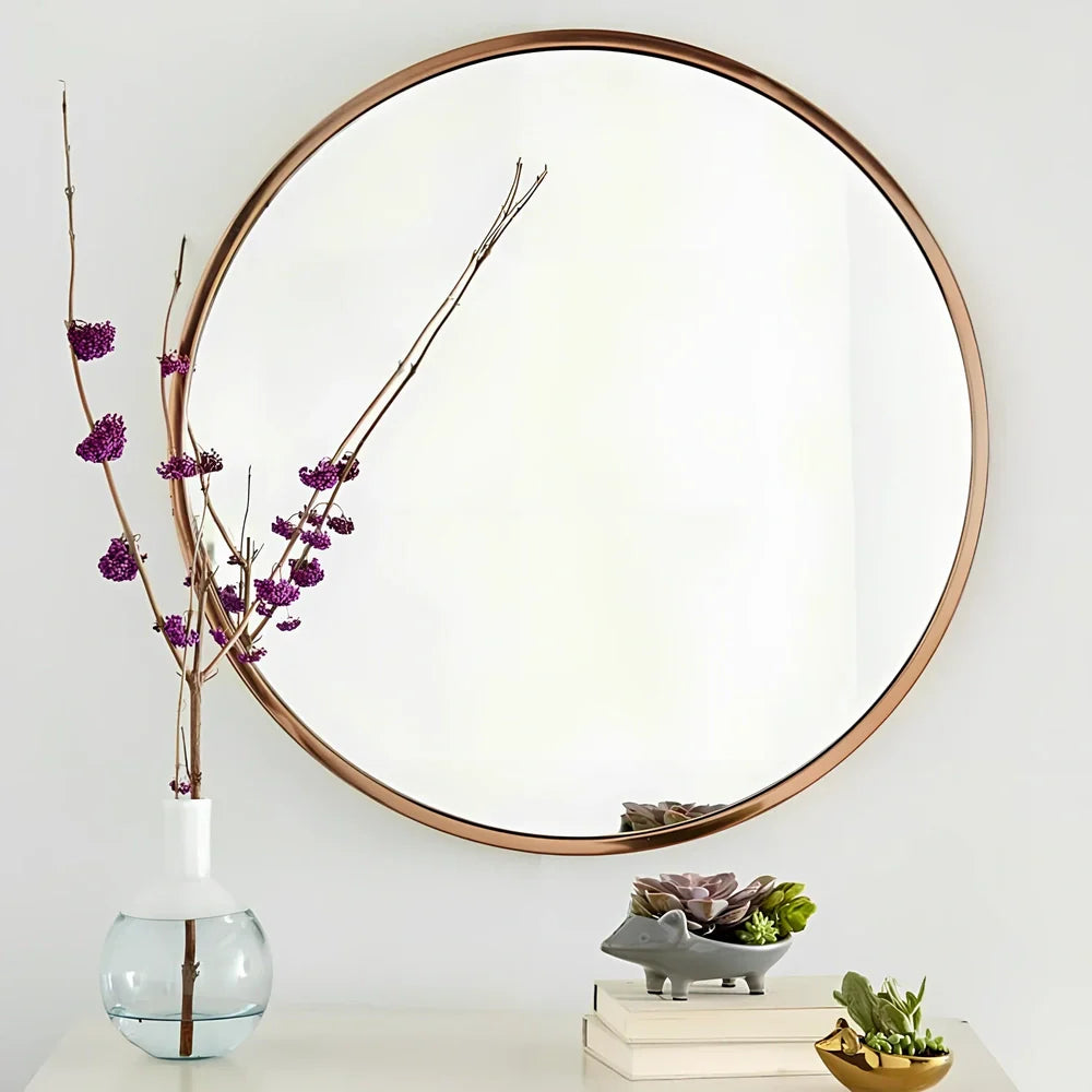 30cm round bathroom wall mirror with iron frame in black, white, or gold colour options