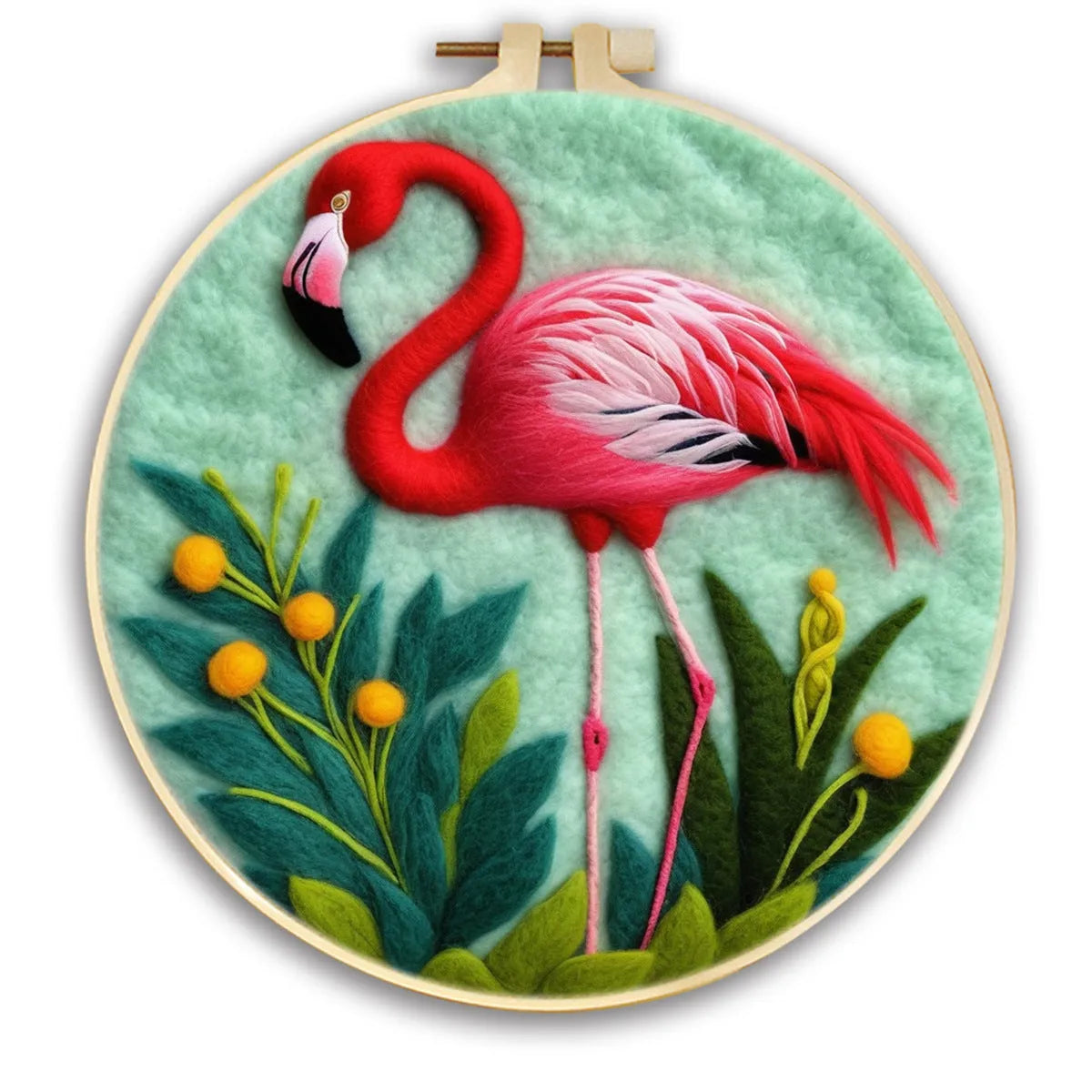Round fabric embroidery kit with 20x20cm linen frame and wool felt for three-dimensional floral artwork