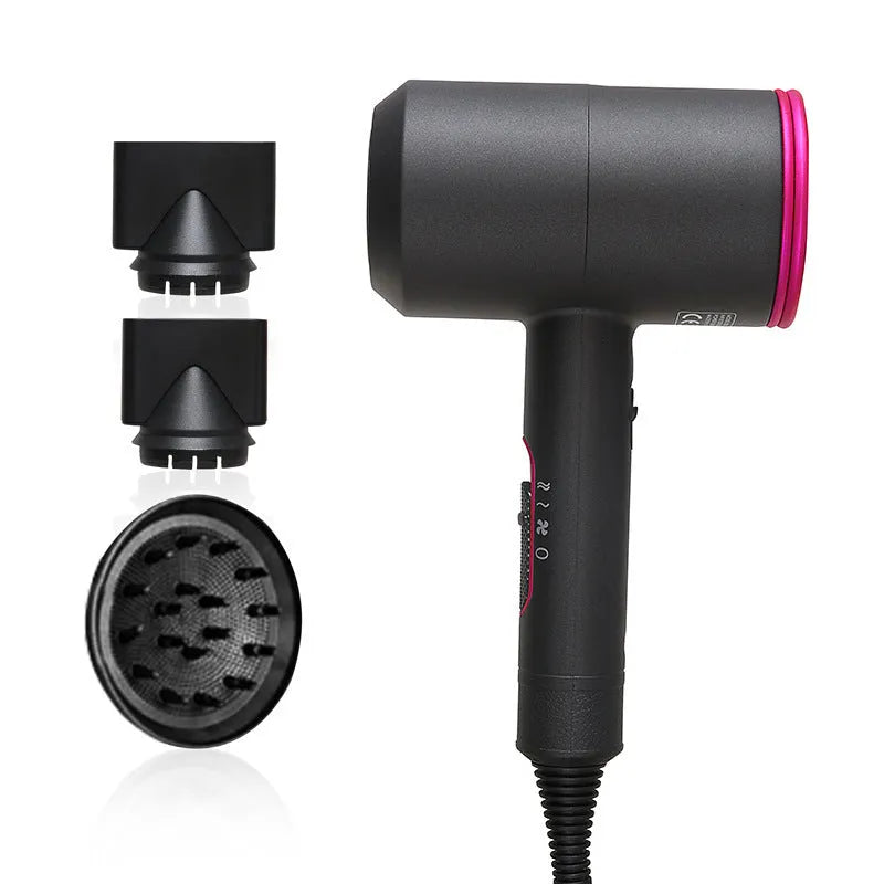 Black hotel hair dryer with 2.5m cable, concentrator nozzle, and multiple international plug adapters