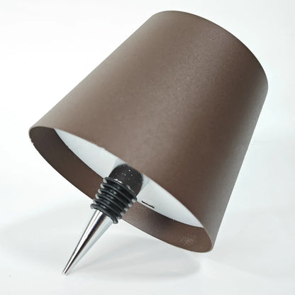 Wireless LED desk lamp with wine bottle design showing detachable components and touch control panel