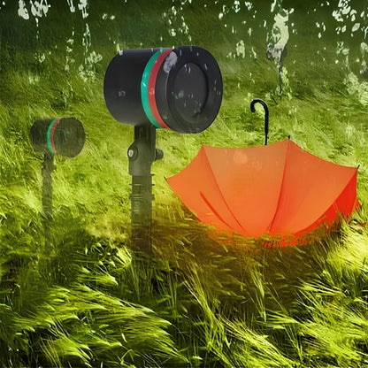 Black Christmas projection light with starry laser pattern on brick wall, 13.5cm unit with 29cm handle