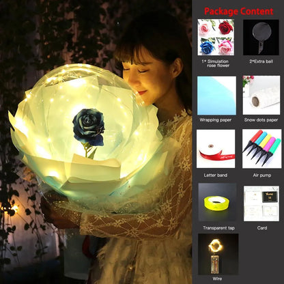Transparent LED luminous balloon rose bouquet with artificial flowers and illuminated lights