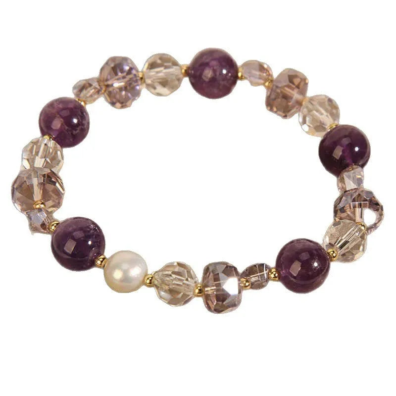 Artificial amethyst crystal bracelet with square amethyst circles and pearl four-leaf clover pendant on U-shaped electroplated band