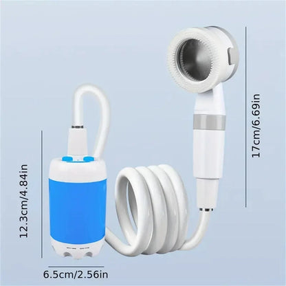 Rechargeable portable outdoor shower with adjustable water flow and spray settings for camping, hiking, and travel