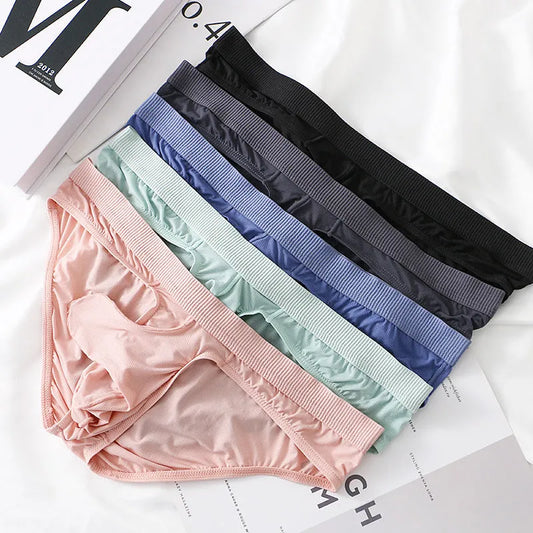Men's low waist briefs in ice silk fabric, showing knitted weave and low waist design, available in black, gray, light green, pink, purplish blue.