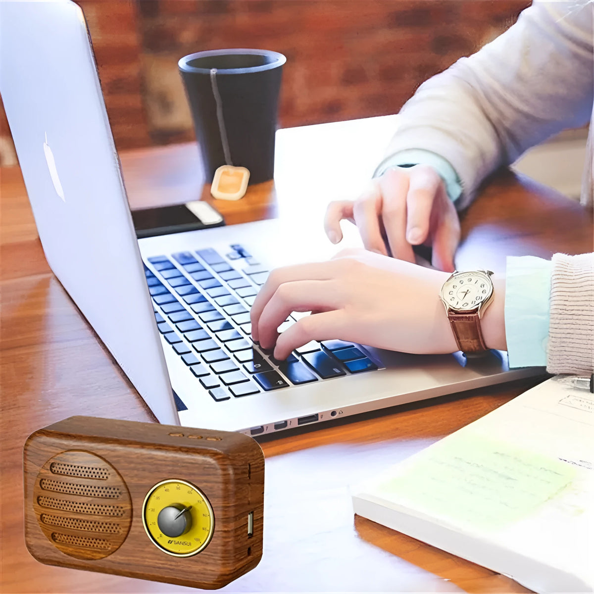 Portable Bluetooth wireless speaker with FM radio in wood grain finish