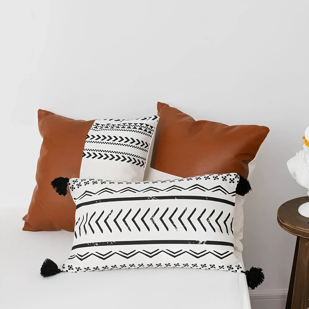 Double-sided sofa cushion set: 45x45cm cotton canvas squares and 35x50cm PP cotton pillow with leather reverse and hidden zippers