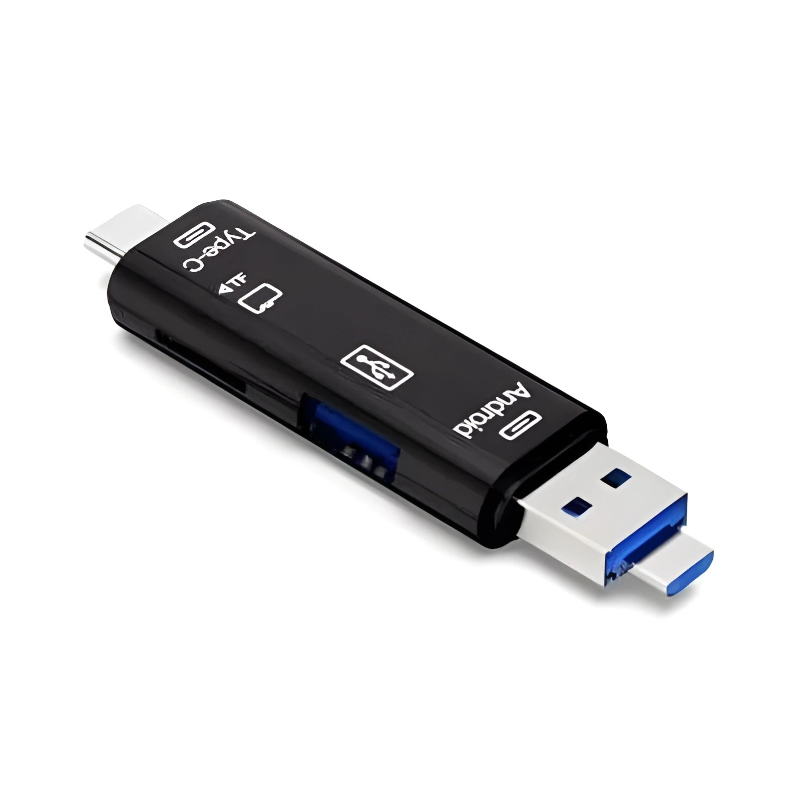 Black Type-C Micro USB OTG adapter with USB-A port and TF card slot on a white background.