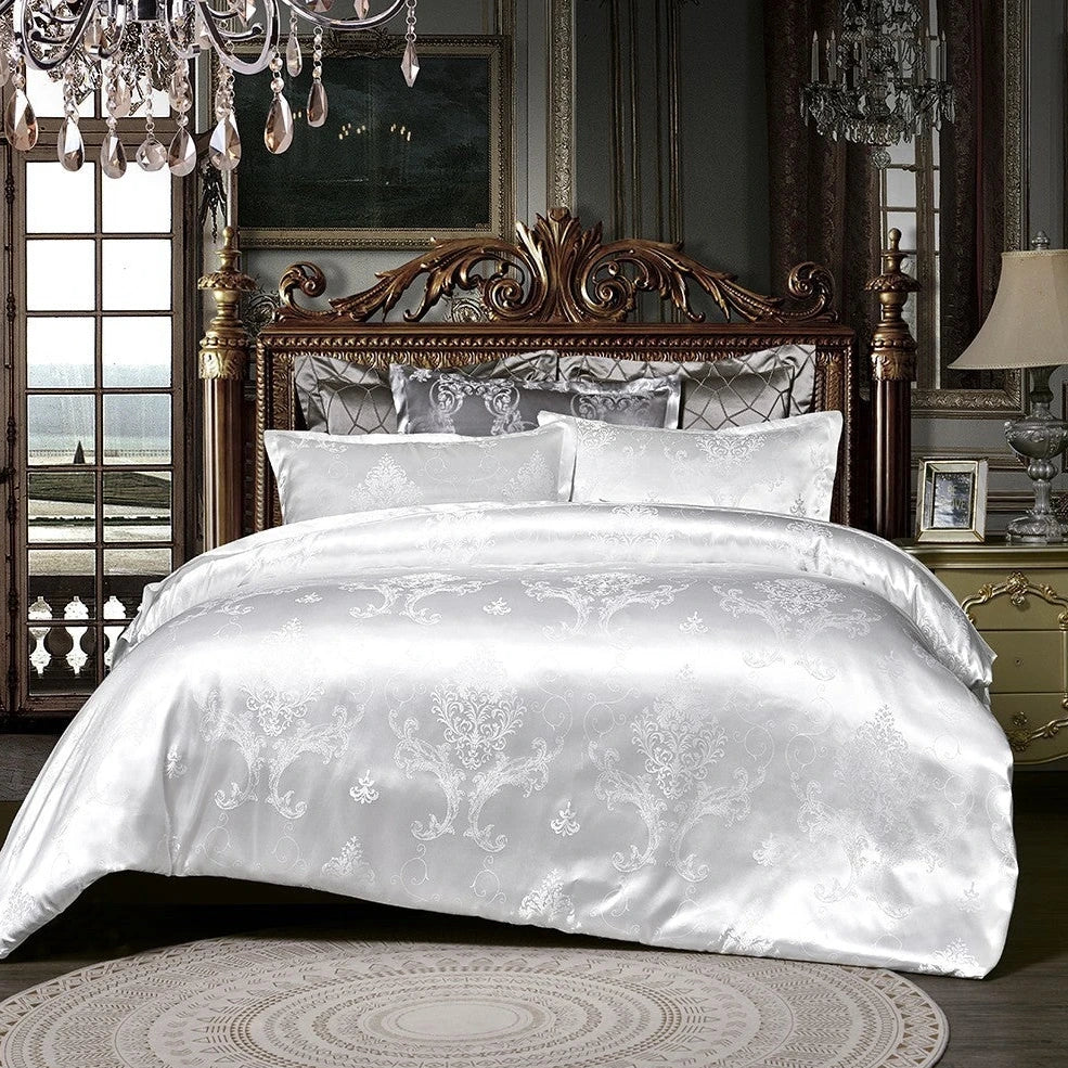 Polyester bedding set with Jacquard weave pattern in multiple colour options showing quilt cover and pillowcases