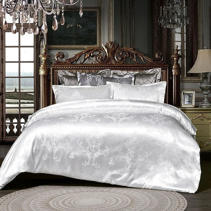 Polyester bedding set with Jacquard weave pattern in multiple colour options showing quilt cover and pillowcases