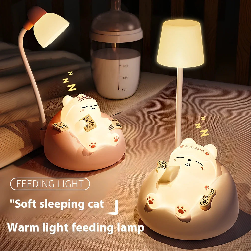 Sleeping cat shaped night lamp with USB charging port and soft LED illumination