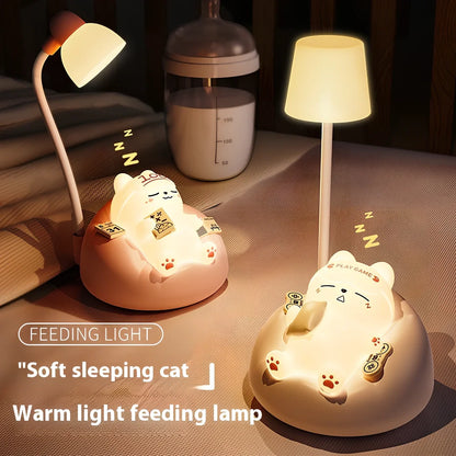 Sleeping cat shaped night lamp with USB charging port and soft LED illumination