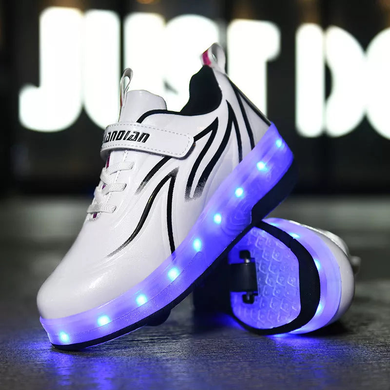 Light Charging Pulley Shoes with Double Wheels in Black Blue, White Black, and White Powder