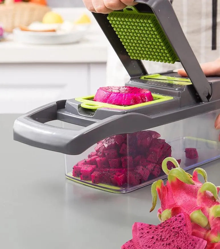 Multifunctional vegetable cutter with seven stainless steel blades on a food-grade plastic body.